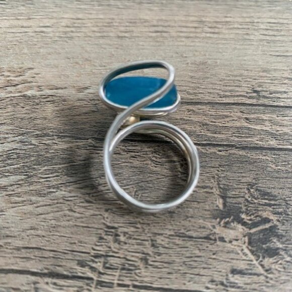 Azure Blue Beach Sea Glass Adjustable Silver RIng Sz 7 - Picture 6 of 10